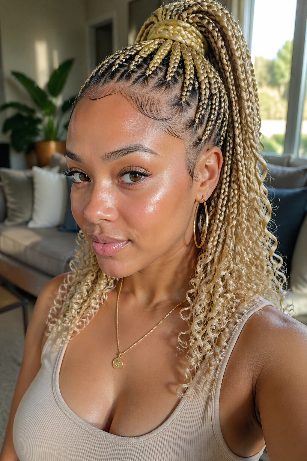 Close-up portrait of real woman with high ponytail blonde box braids, curls at ends.