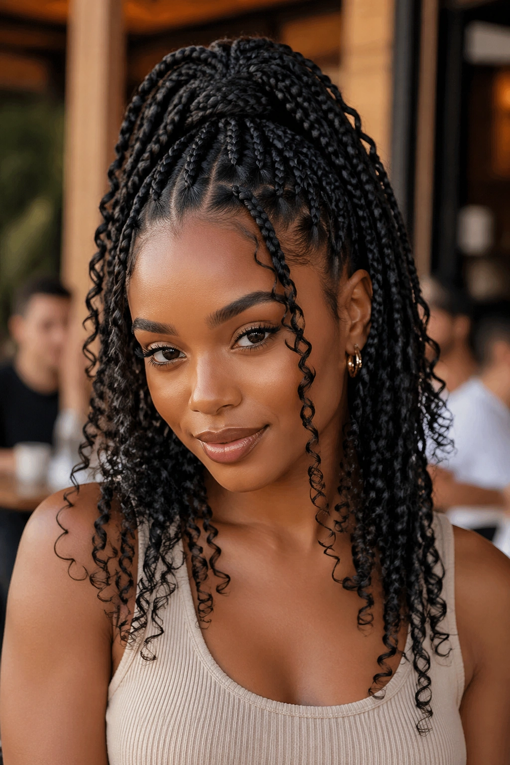 Close-up portrait of a real woman with a high ponytail box braids and curly ends outdoors at a cafe