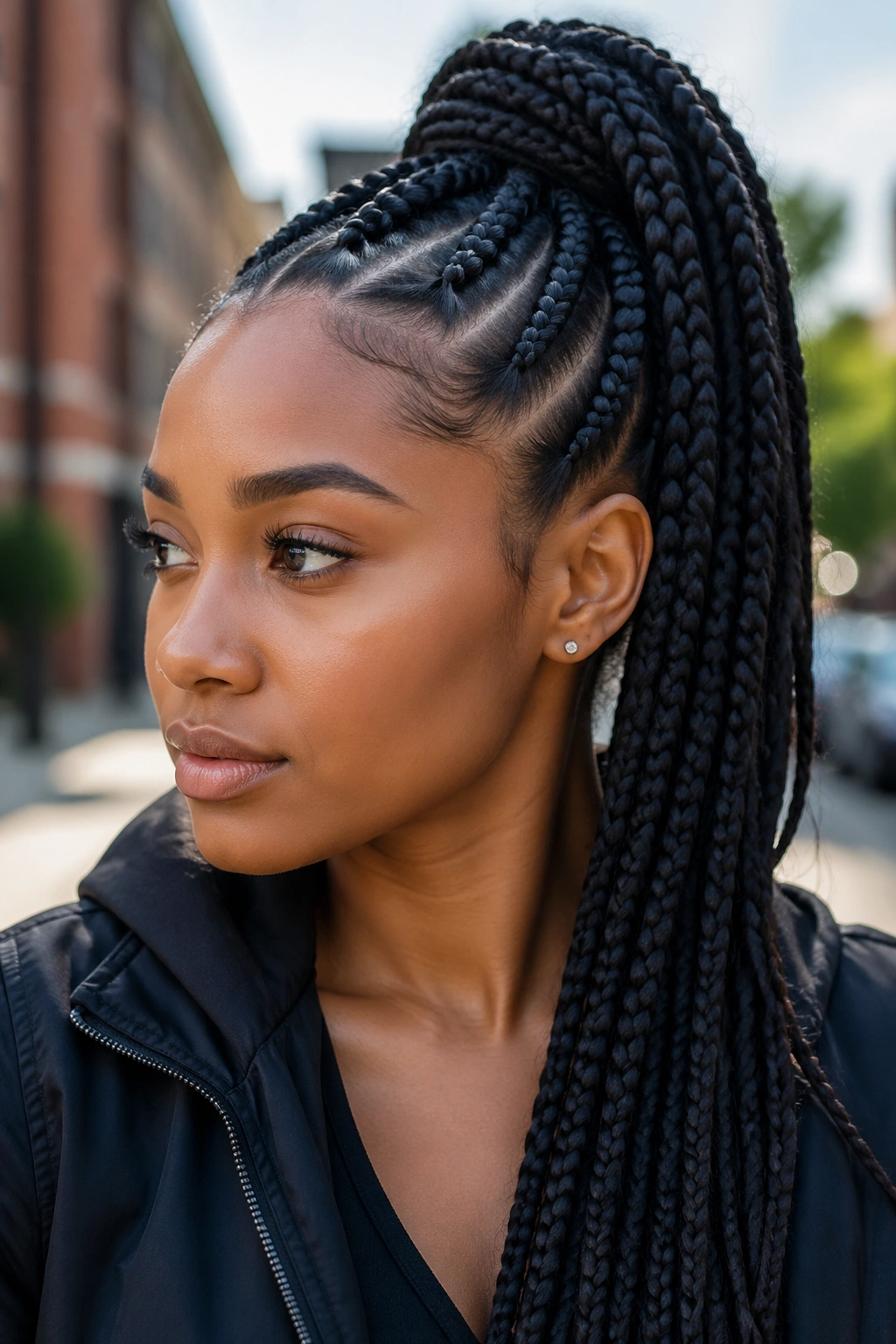Close-up of a real woman with jumbo feed-in box braids in a high ponytail outdoors