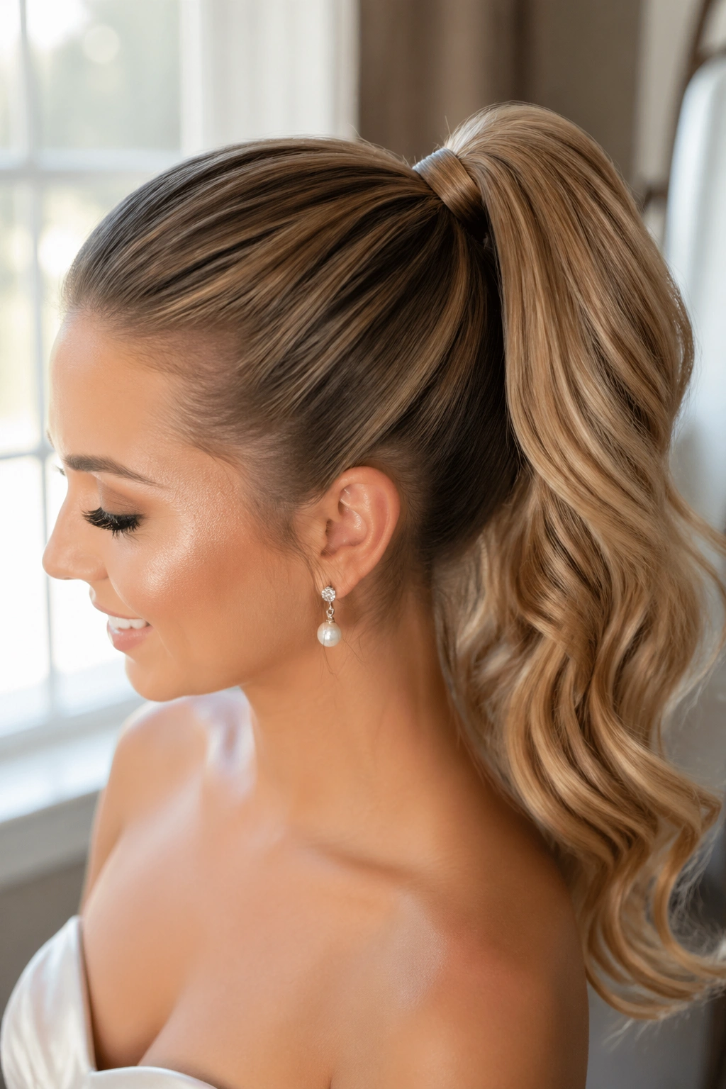 Close-up of a real woman with a polished high ponytail showing hidden wrap and subtle tail movement