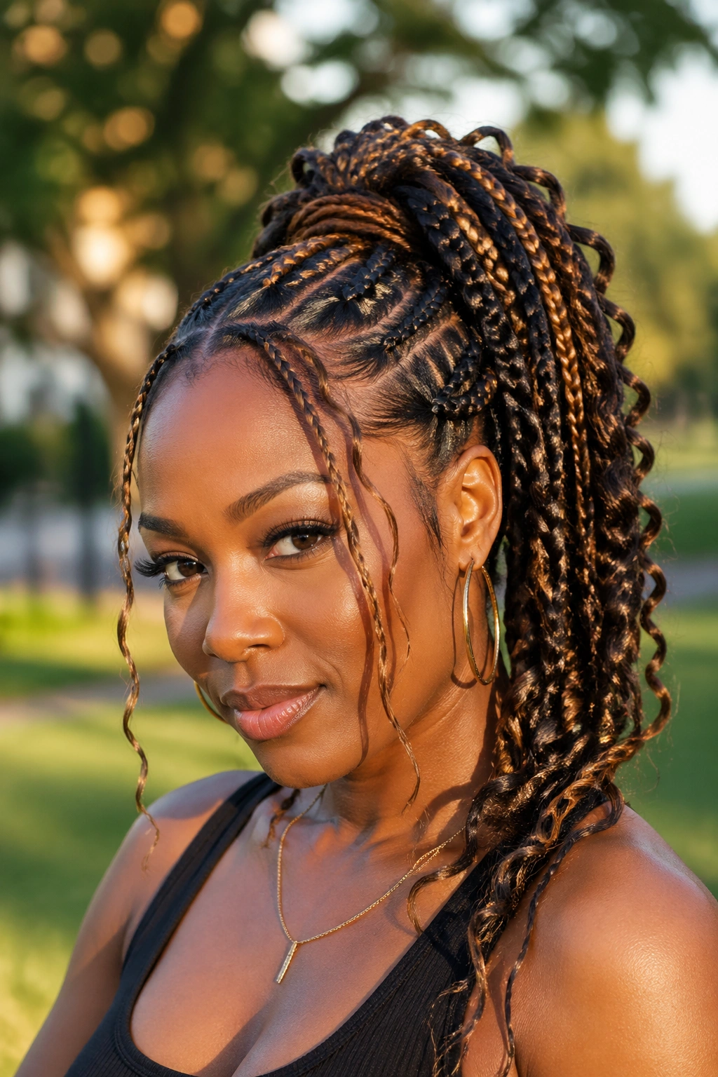 Real woman with high ponytail butterfly braids bathed in golden hour light