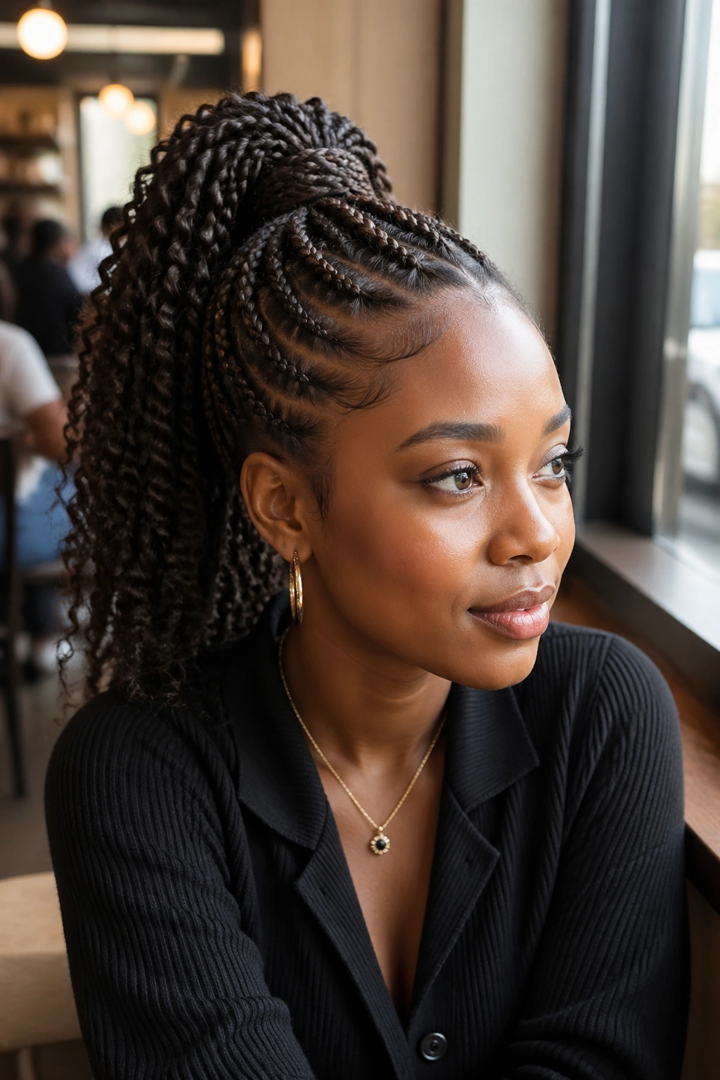 Close-up portrait of a real woman with a high ponytail crochet braids, base flat at the crown