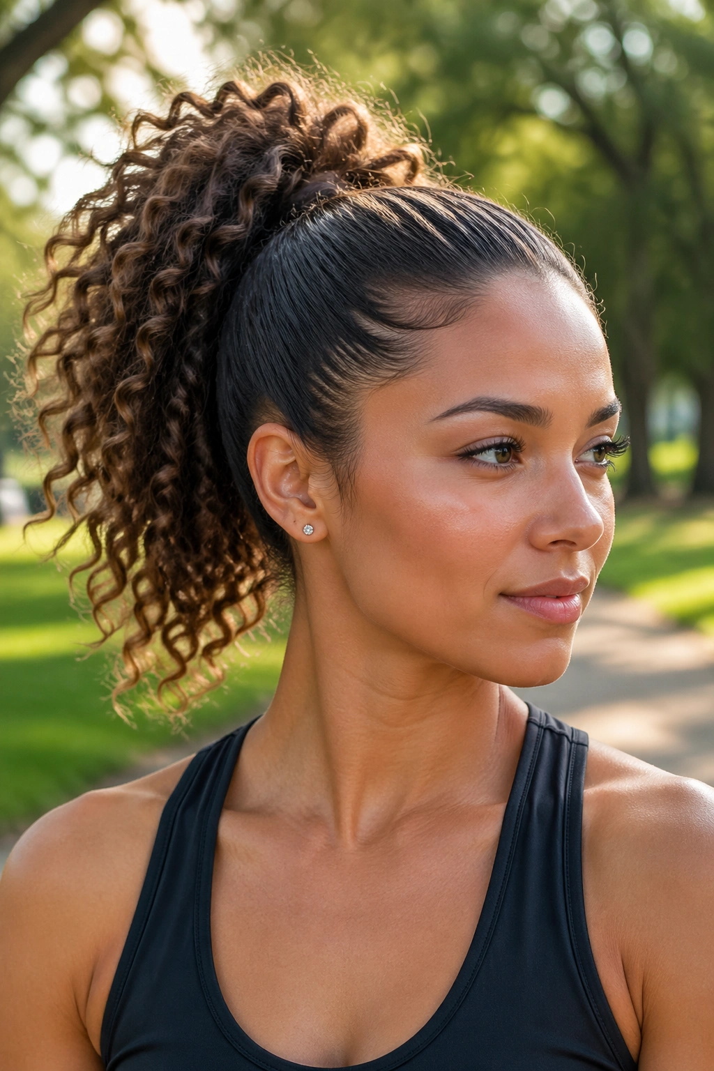 Close-up of a real woman wearing a high curly ponytail in a sunny outdoor setting