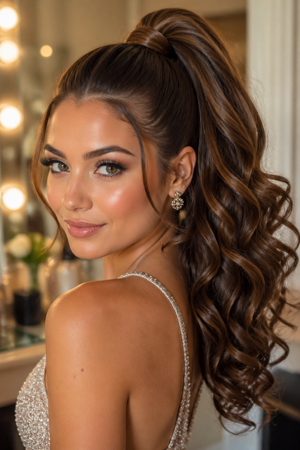 Real woman with a high ponytail and big curls, polished prom hairstyle