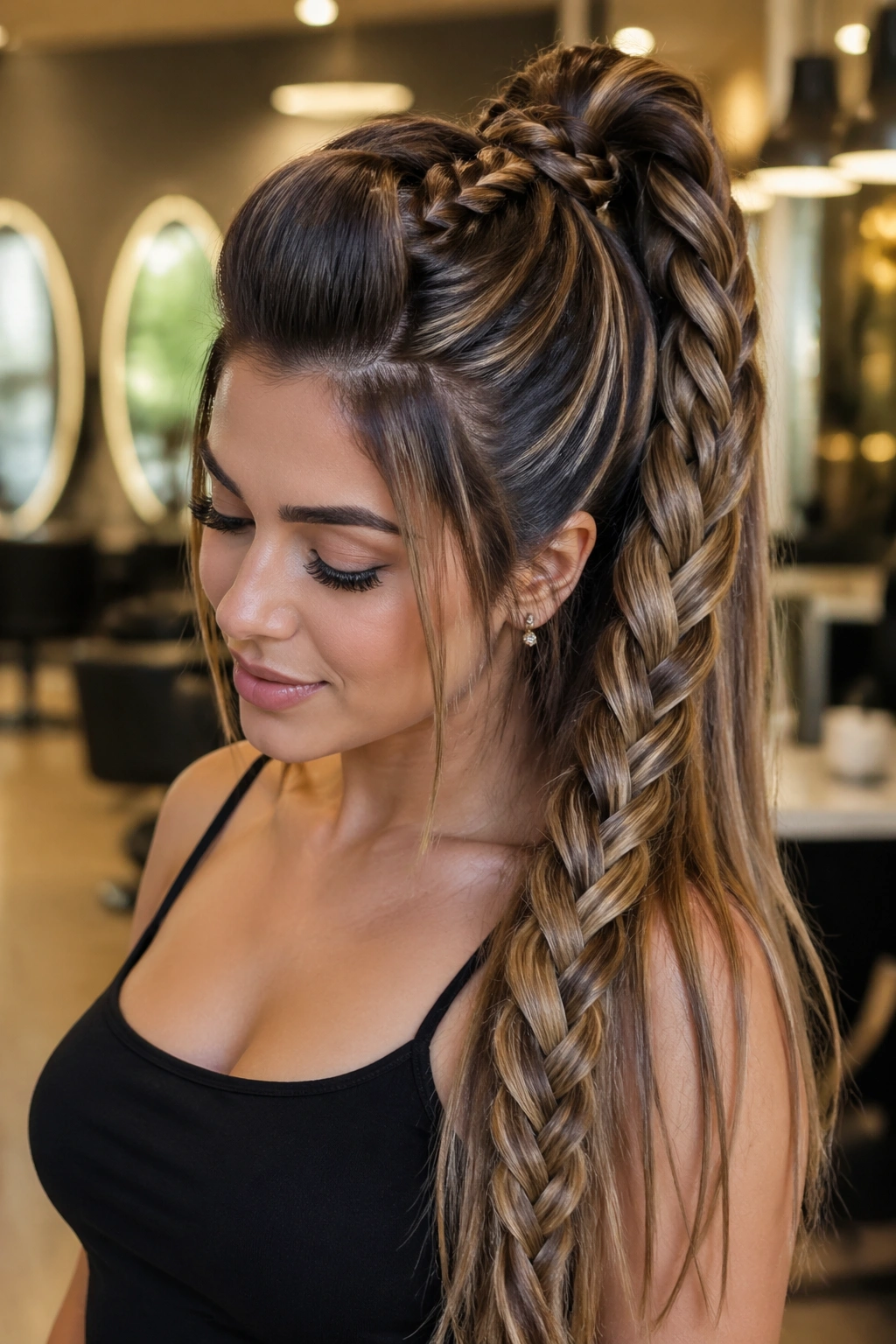 Real woman with high ponytail dragon braid and crown lift in a salon setting