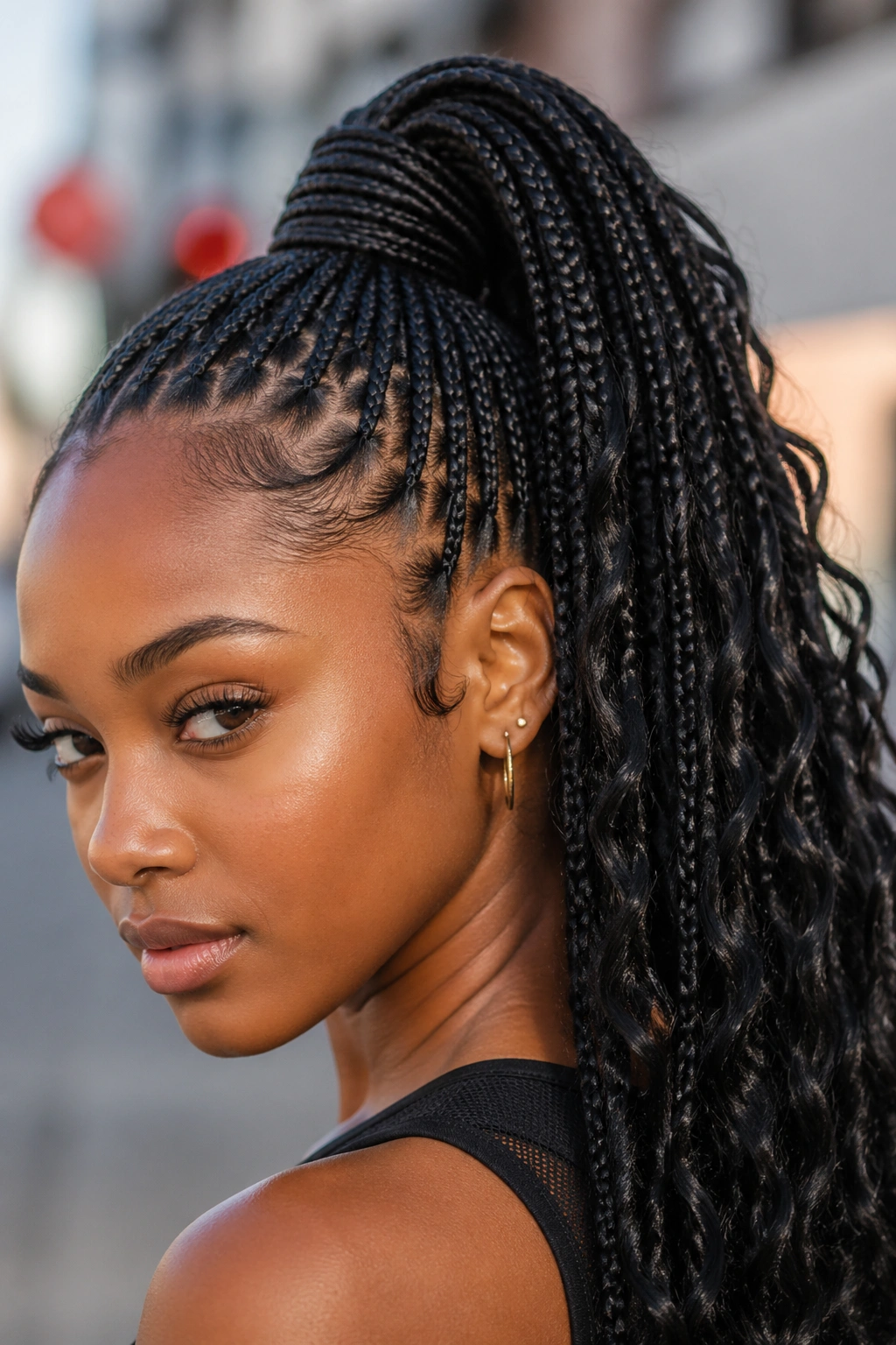 Portrait of a real woman with a high ponytail of small goddess knotless braids