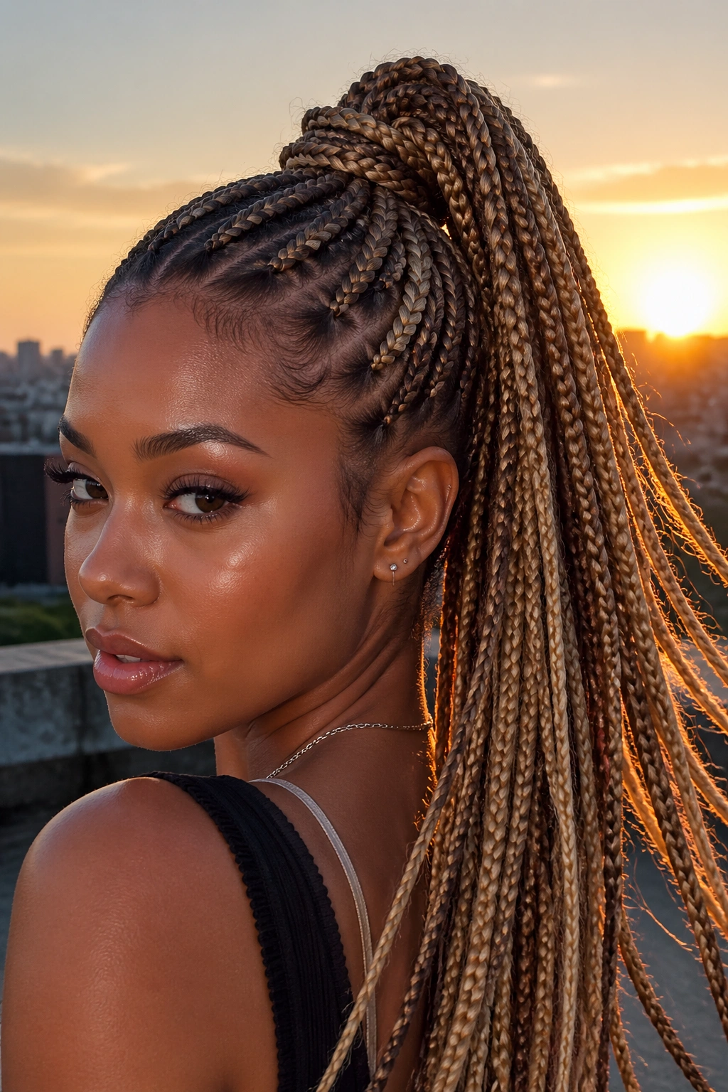 Close-up of real person with high ponytail knotless braids and moving highlights
