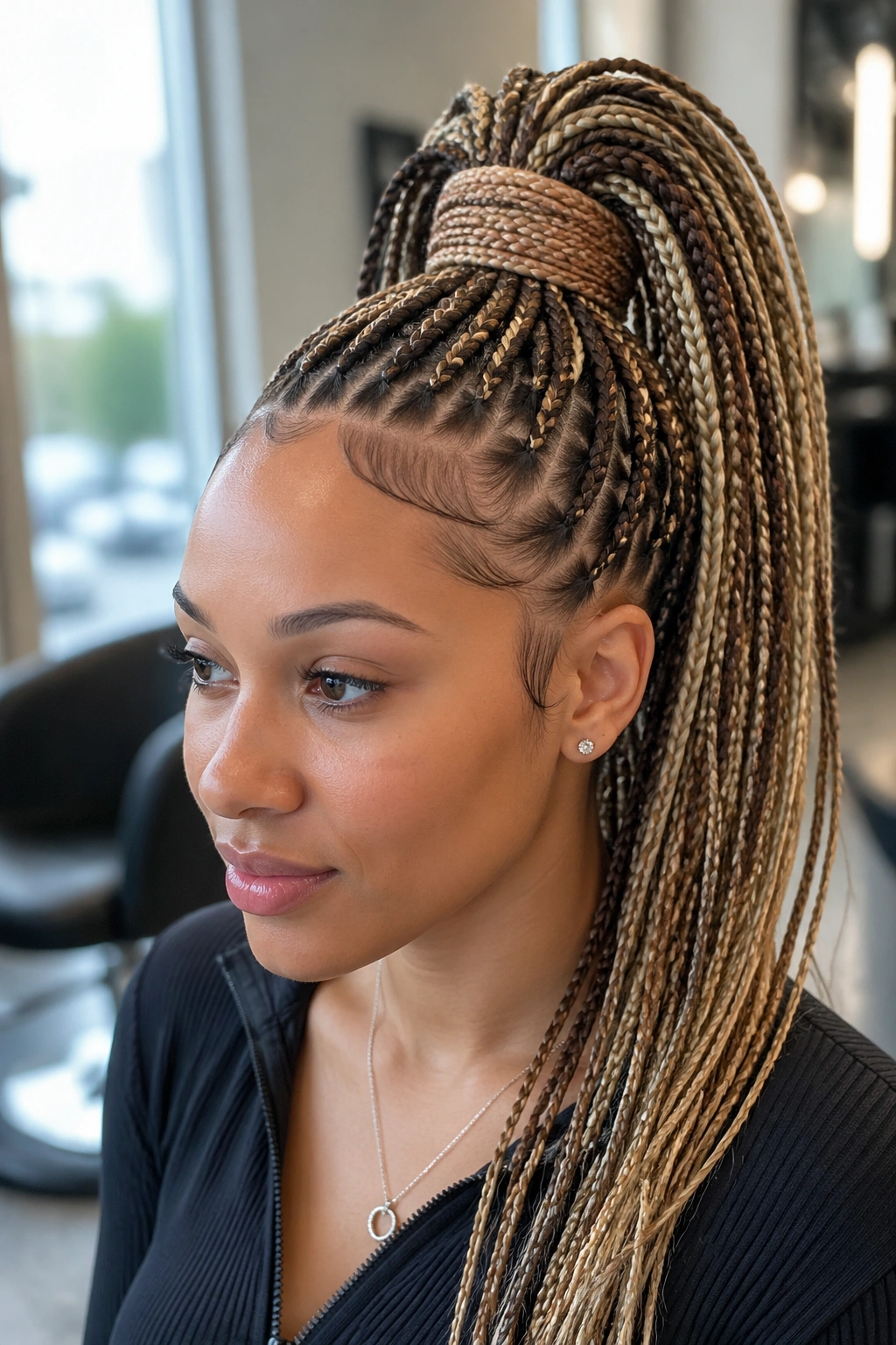 Close-up of a real woman with high ponytail knotless braids in blonde and brown