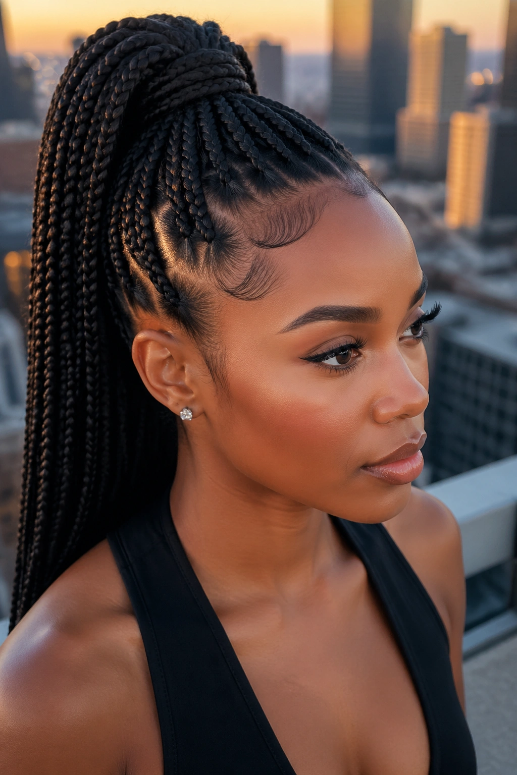 Real woman with knotless braids in a high ponytail showing a lifted crown and clean hairline.