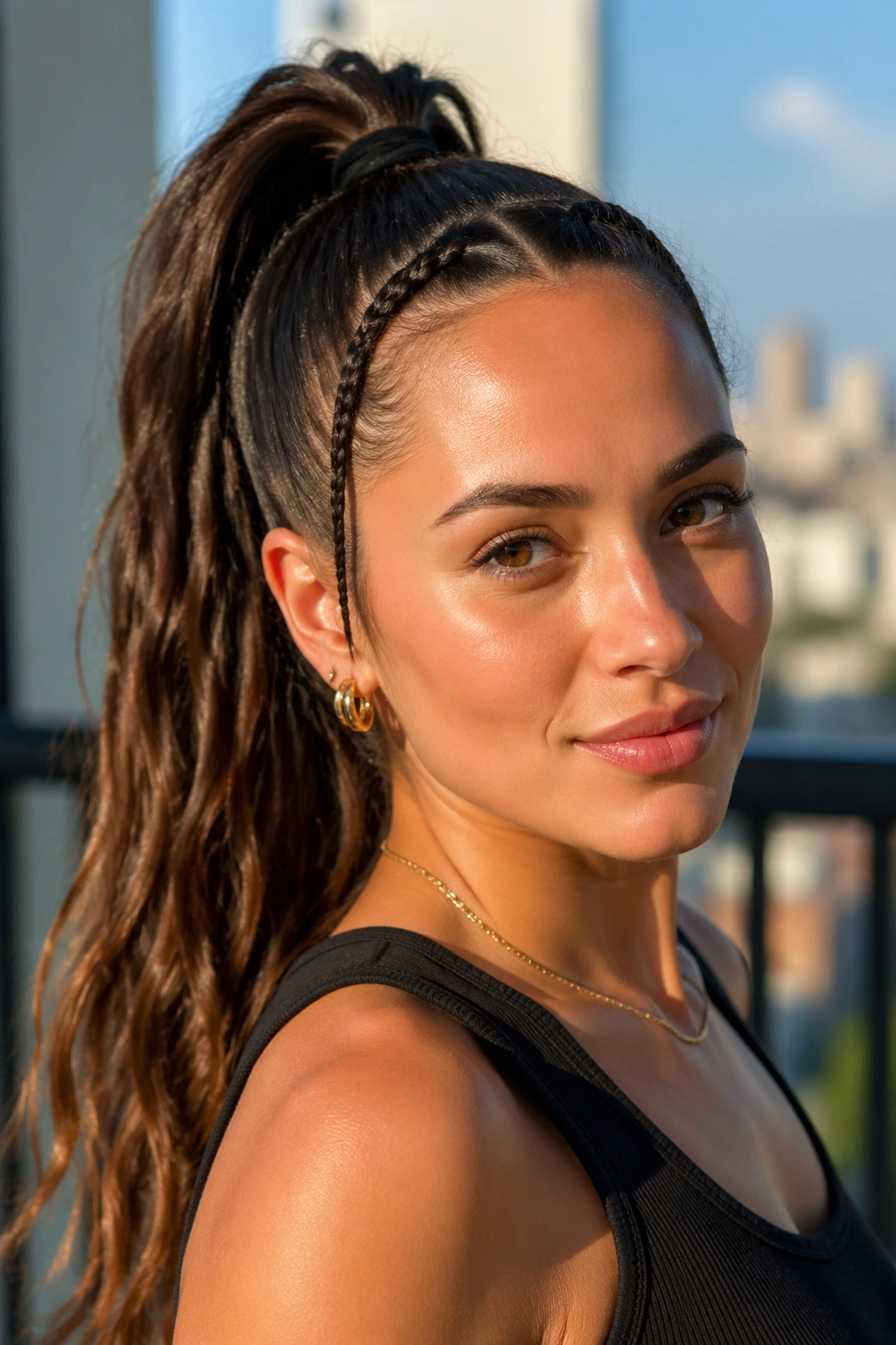 Close-up of a real woman with a high ponytail and mini side braids near the temples