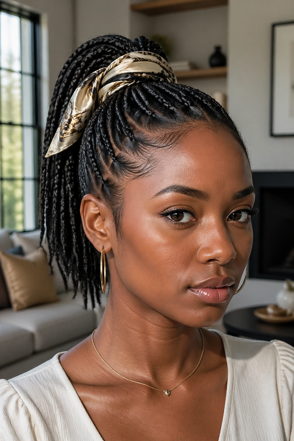 Real person with sleek high ponytail wrapped with satin scarf.