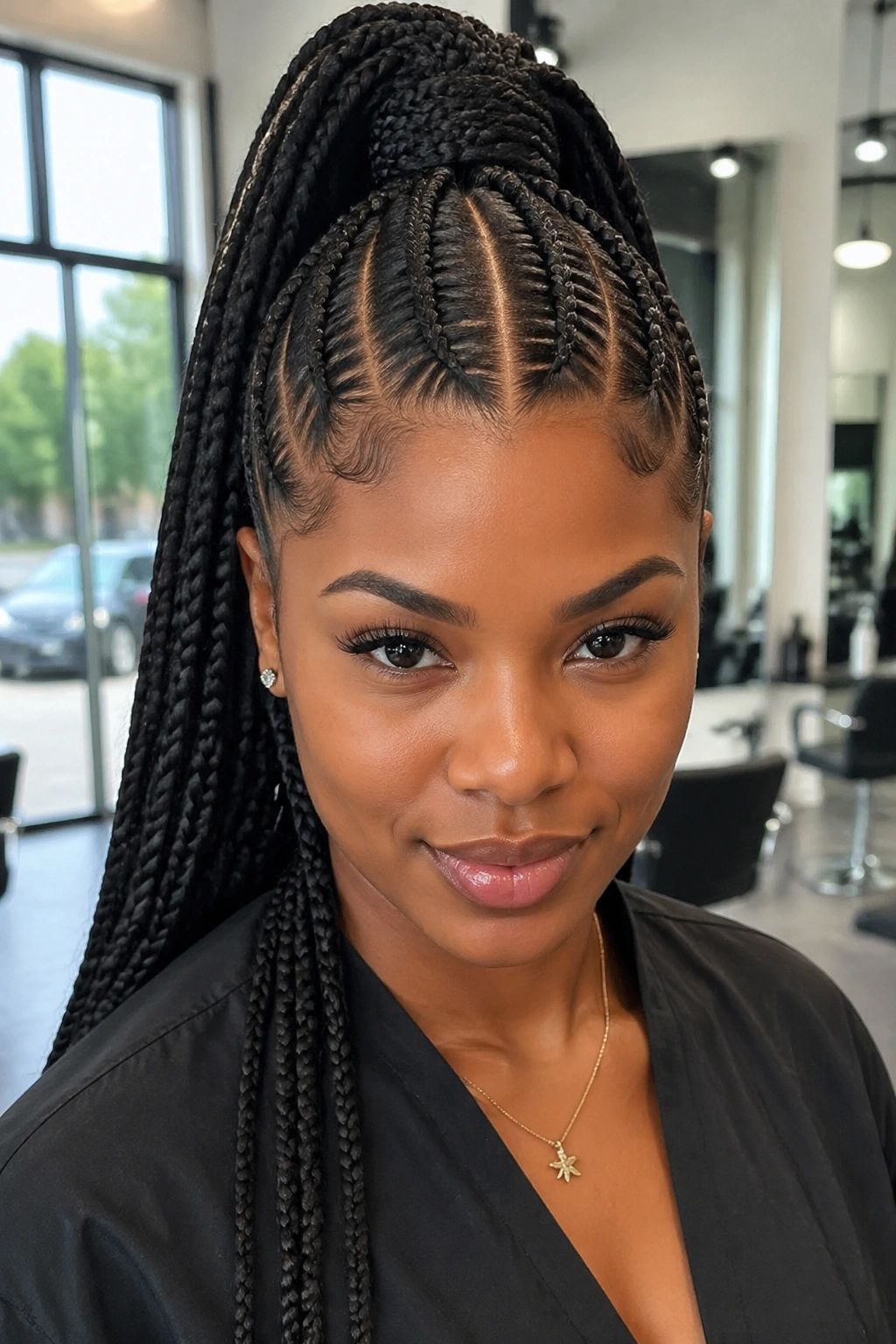 Real person with high ponytail stitch braids and center part in a bright salon