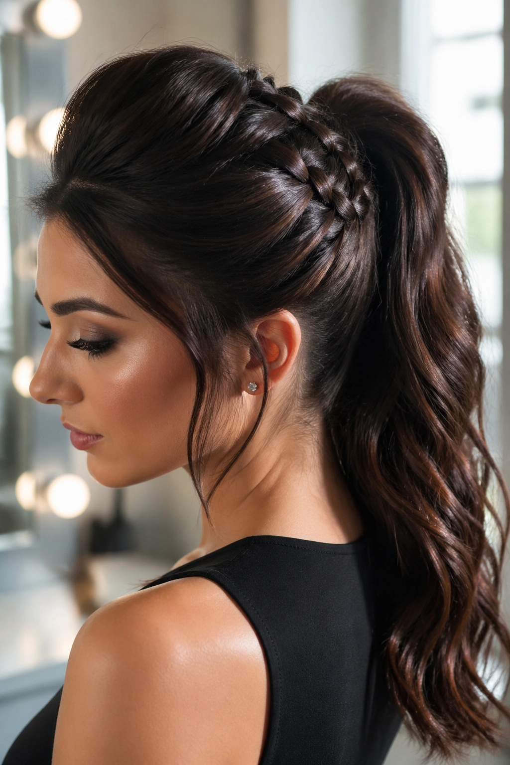 Close-up of a real woman with a high French braid ponytail and teased crown
