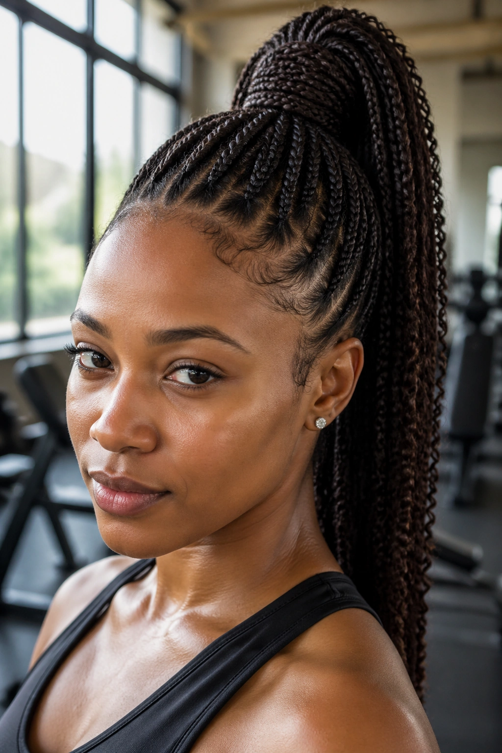 Close-up of a real woman with high ponytail tree braids.