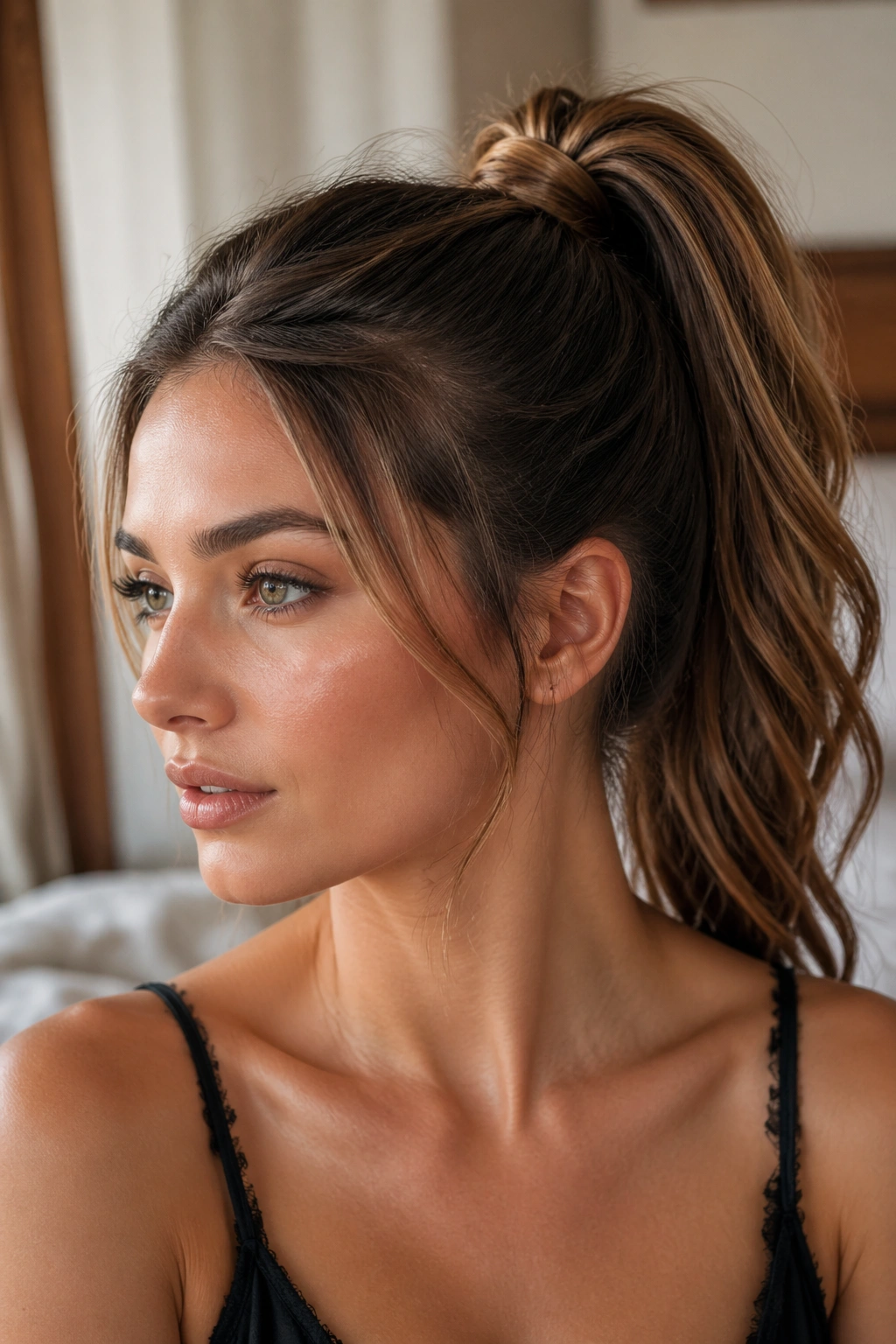 Close-up portrait of a real woman with a high ponytail wrapped base and loose strands framing the face