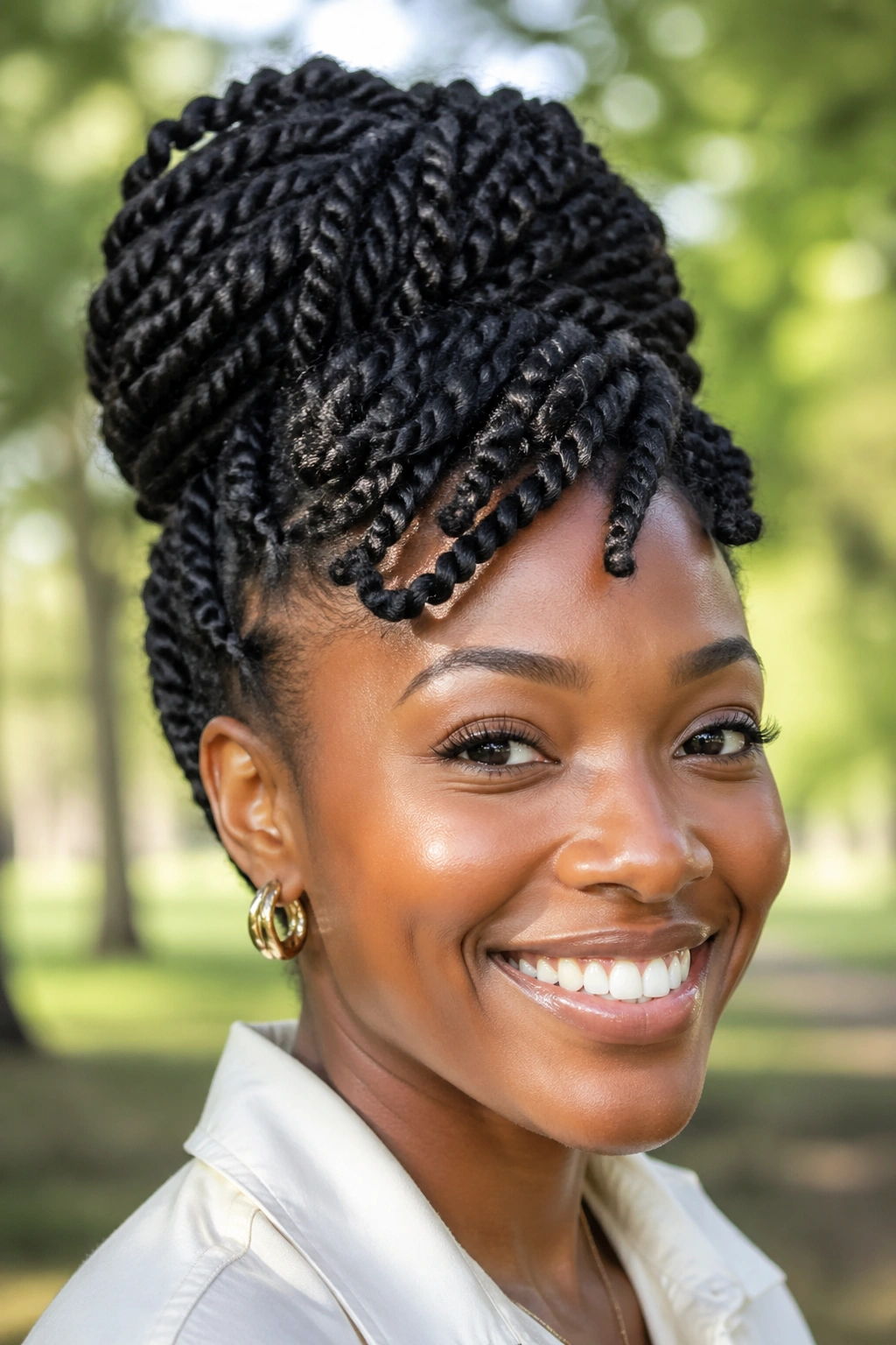 Close-up of high-puff twist braids in a crown on a real woman outdoors.