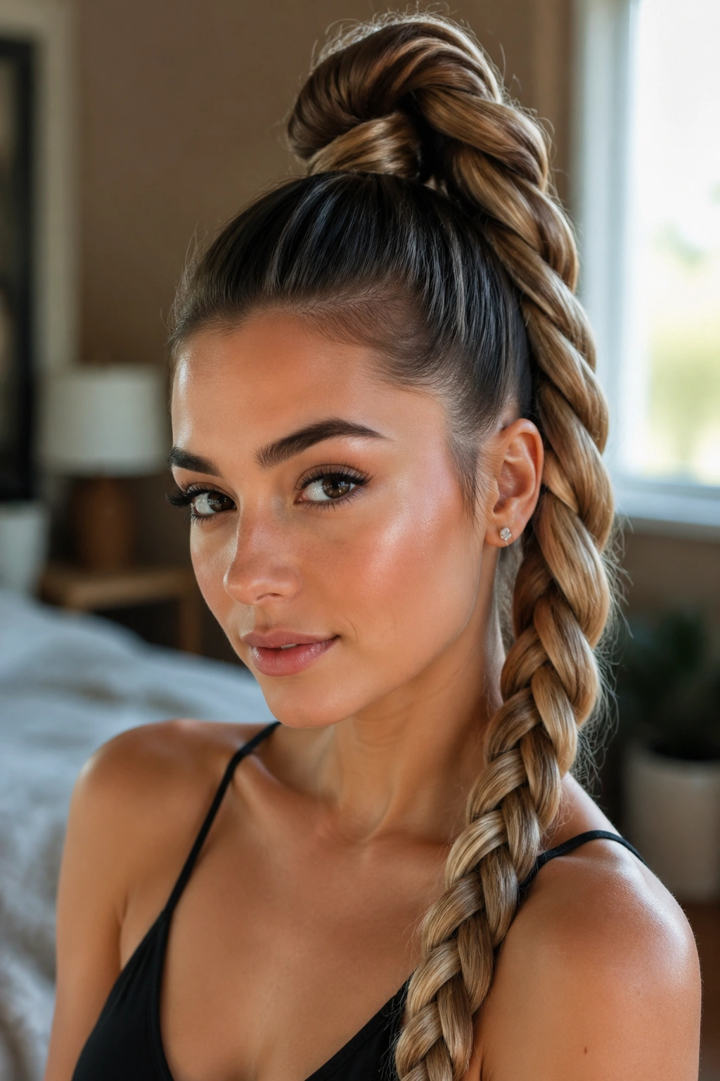 Close-up of a real woman with a high rope braid ponytail at the crown.