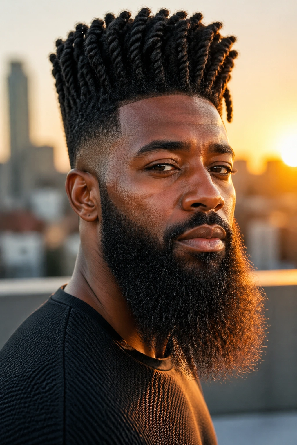 Real man with high-top twists and a heavy beard on a rooftop at golden hour