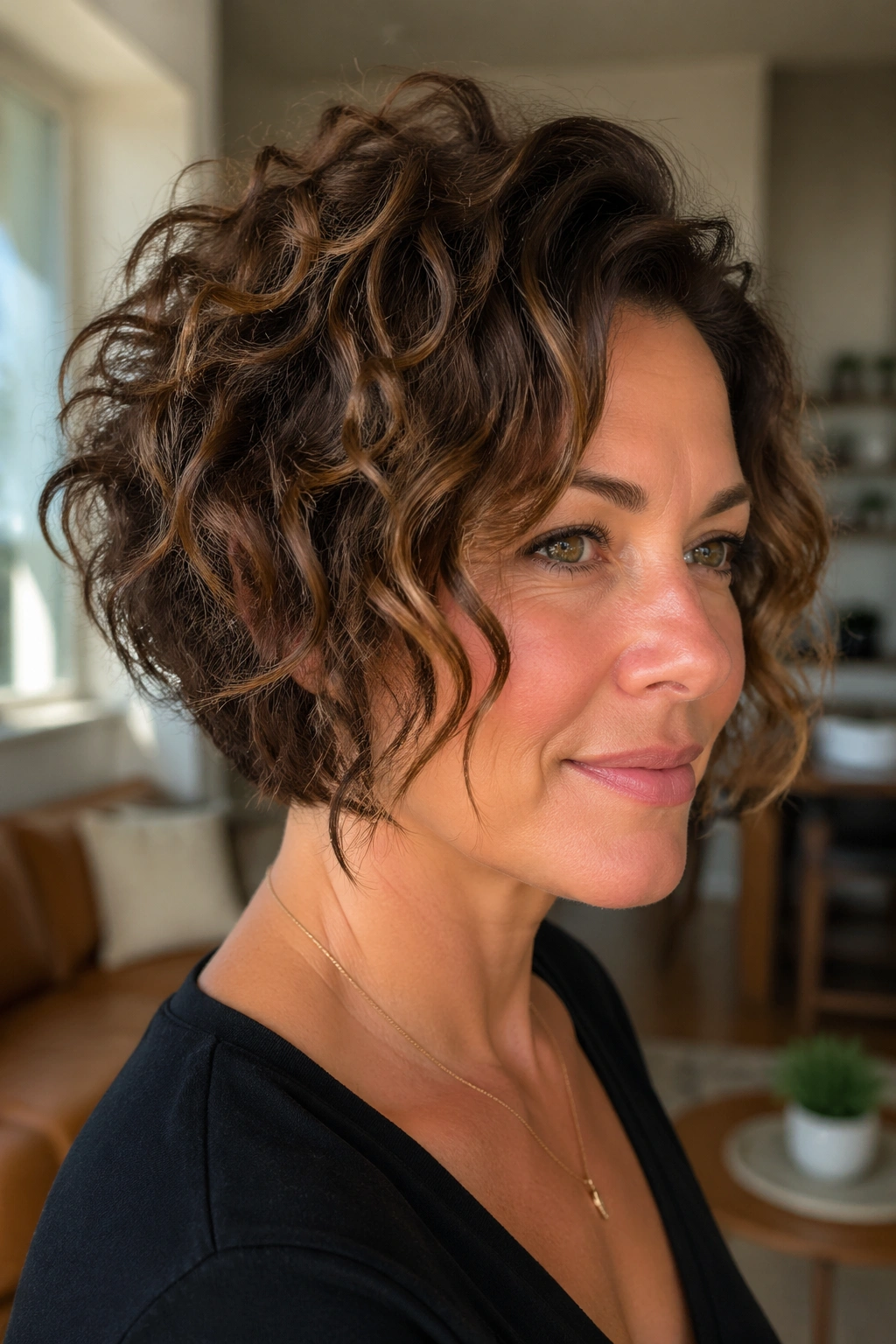 Close-up of a real woman with a high-volume curly inverted bob for fine hair.