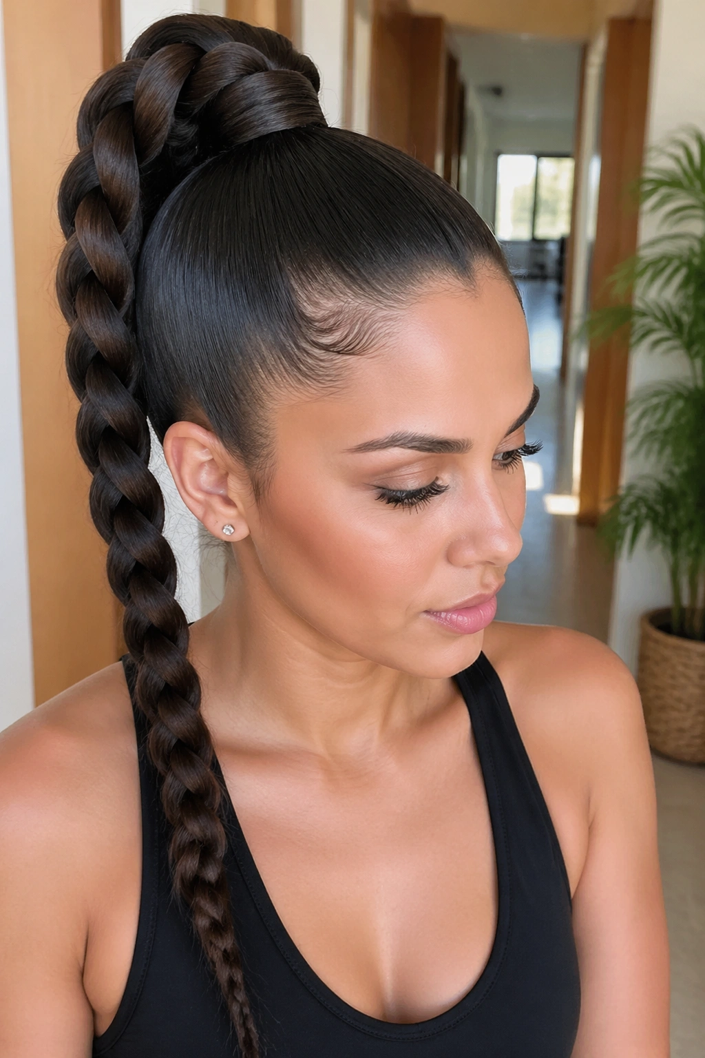 Close-up of a real woman with a High Wrapped Braid Ponytail