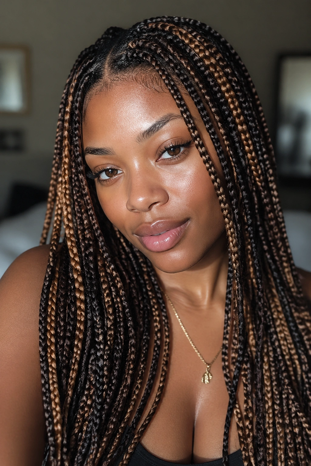 Close-up of a real person with highlighted brown braids copper honey streaks