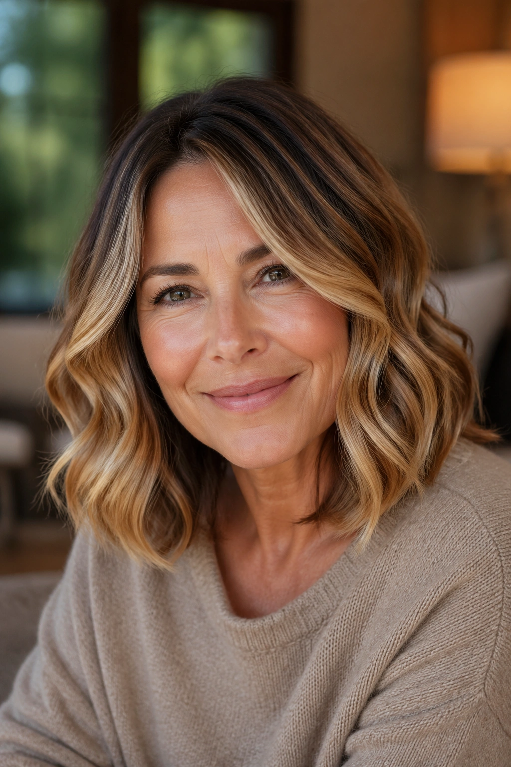 Close-up portrait of a real woman with a warm highlighted long bob and soft curls around the face