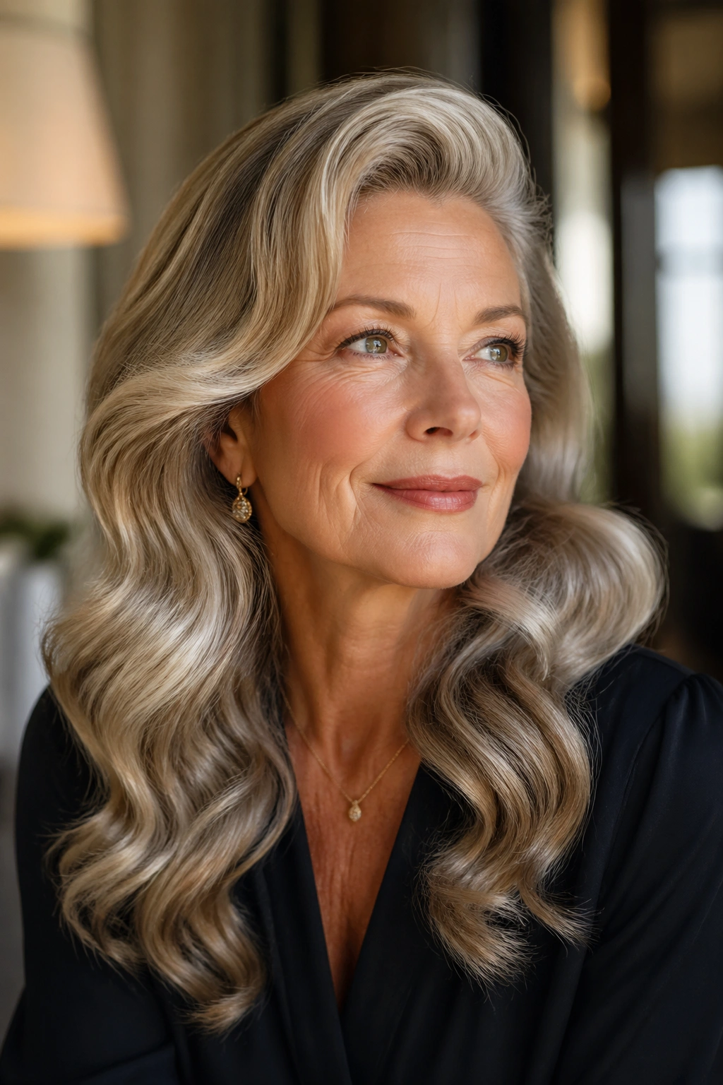 Real woman with Hollywood waves and lifted crown in warm ambient light