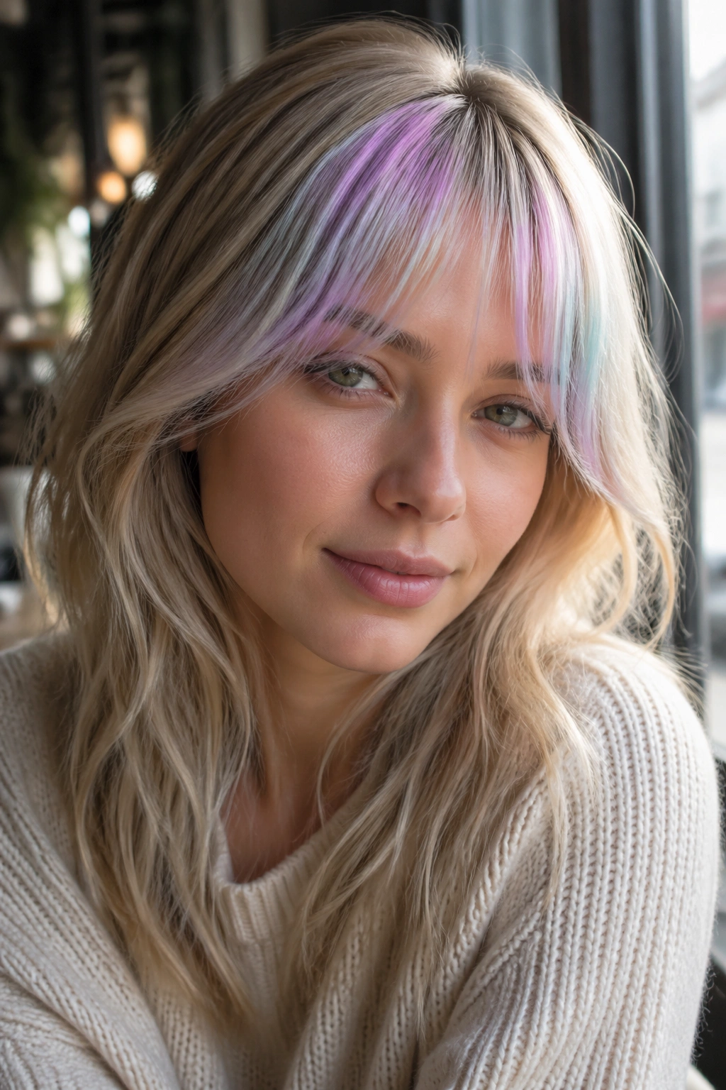 Holographic bangs with pastel veils over a soft blonde base