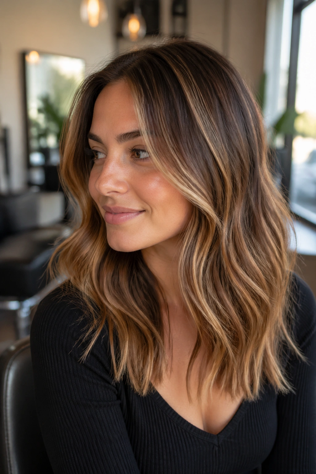 Close-up of a real woman's light brown hair with honey babylights through mid-lengths.