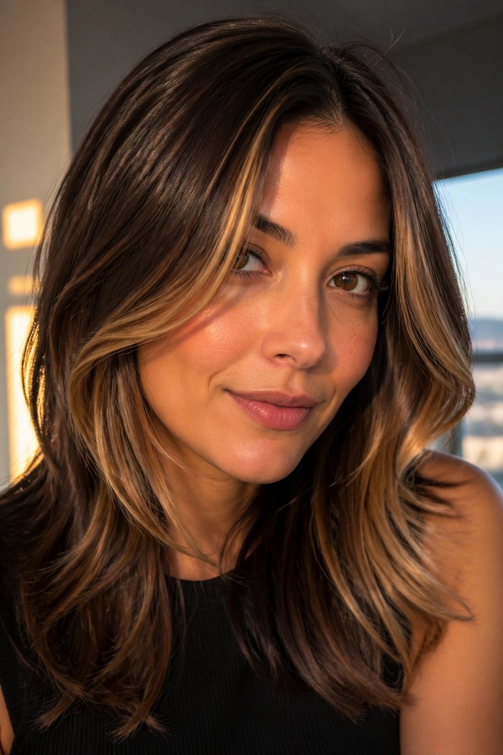 Close-up of a real woman with honey face-framing balayage and soft front layers