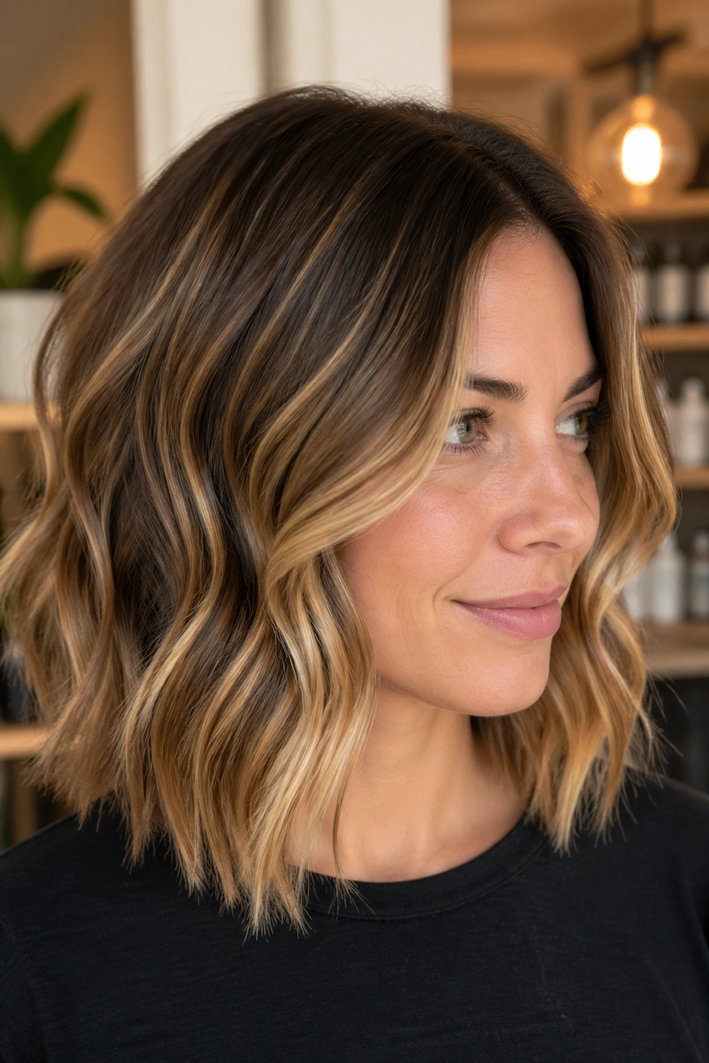 Close-up of real woman with honey balayage on wavy shoulder-length hair