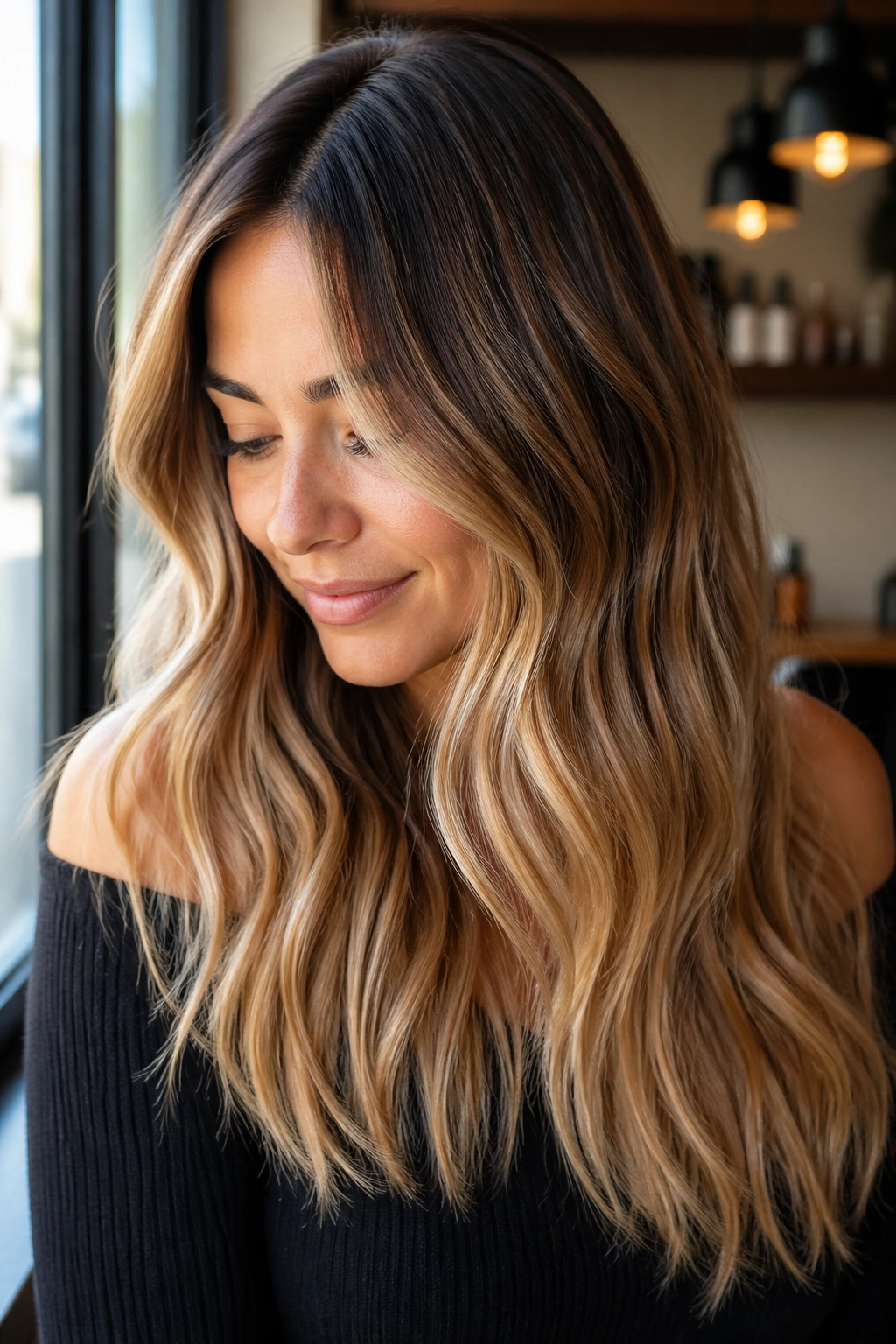 Portrait of a woman with honey blonde balayage and brunette root in cafe window light