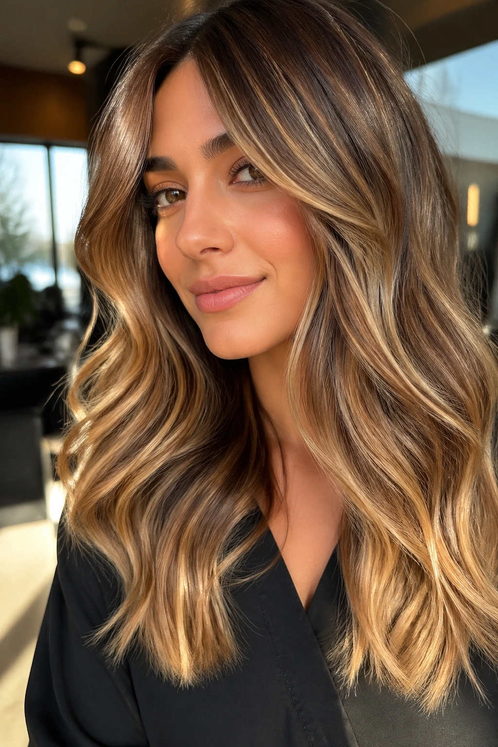 Close-up portrait of brunette with honey blonde balayage and golden glow.