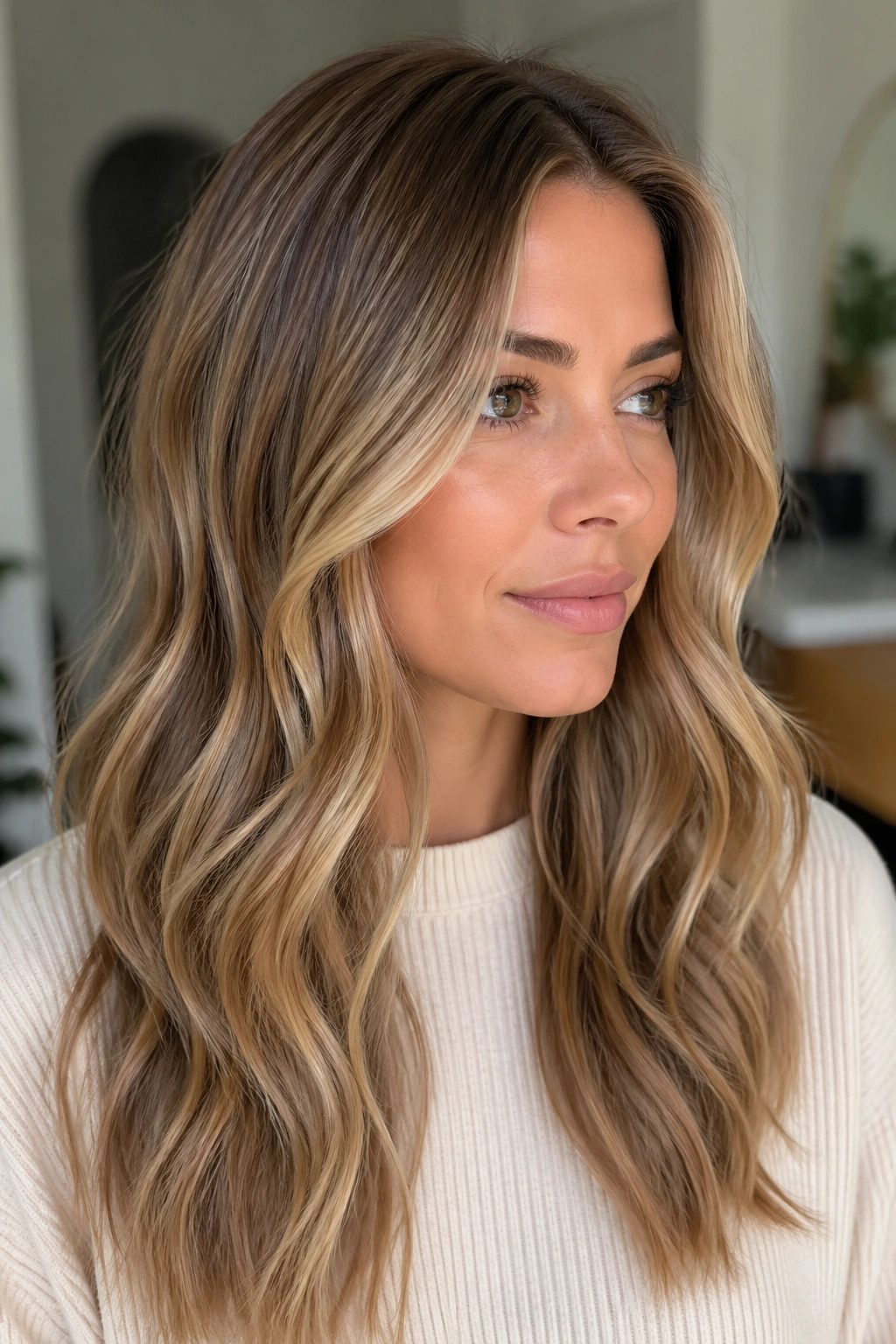 Close-up of a real woman with honey blonde balayage blending through mid-lengths