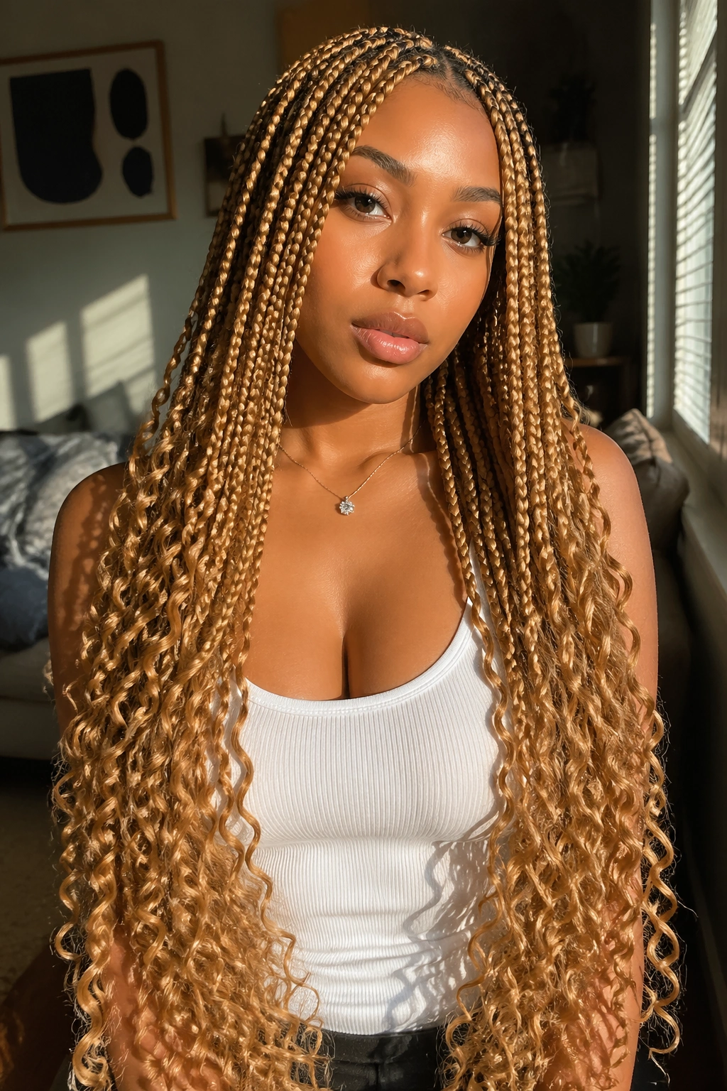 Close-up of waist-length honey blonde box braids with spiral ends on a real person.