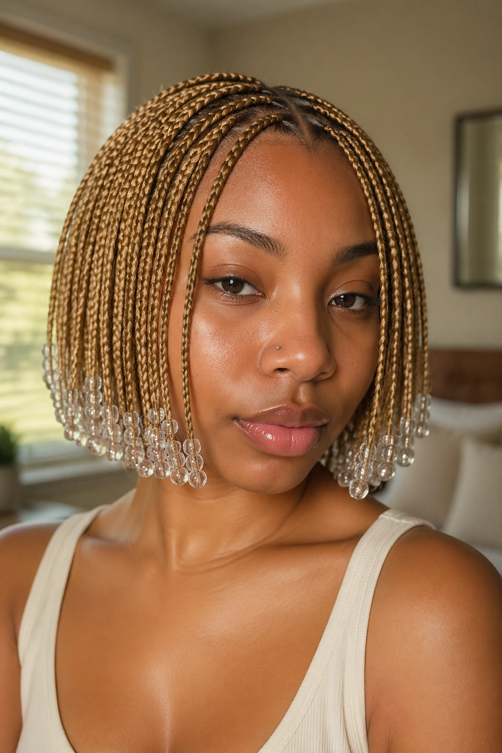 Close-up of a real woman with a honey blonde bob of short box braids and clear beads