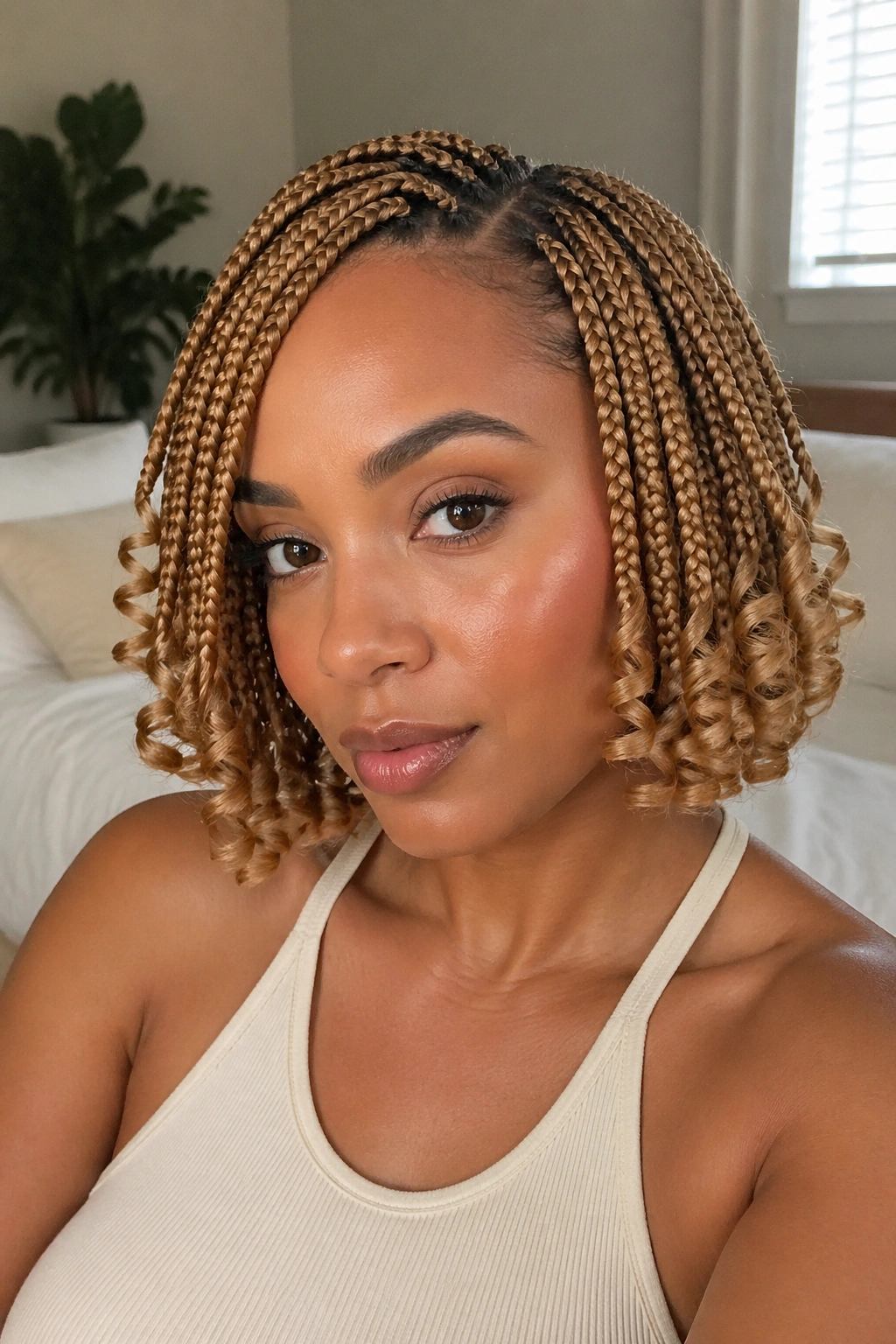 Close-up of a real woman with honey blonde short box braids and spiral ends.