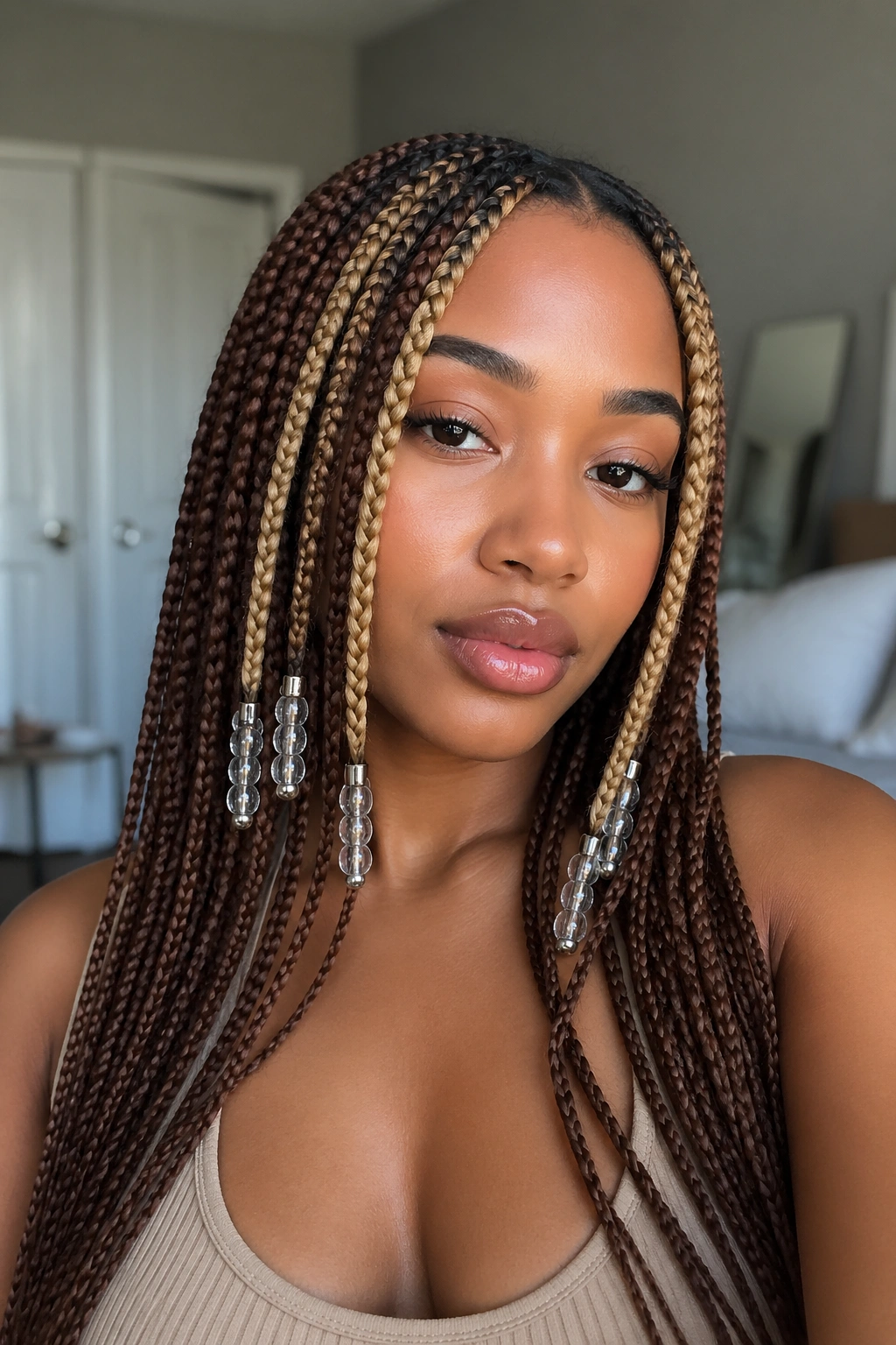 Close-up of a real woman with honey blonde face-framing braids over chestnut base and beads