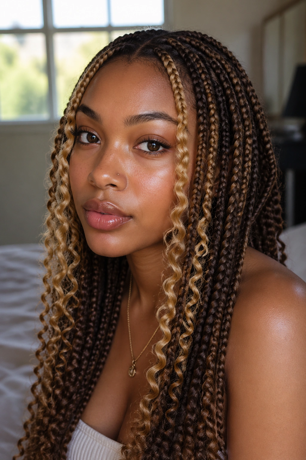 Close-up of a real woman with honey-blonde face-framing braids and curly ends in warm natural light.