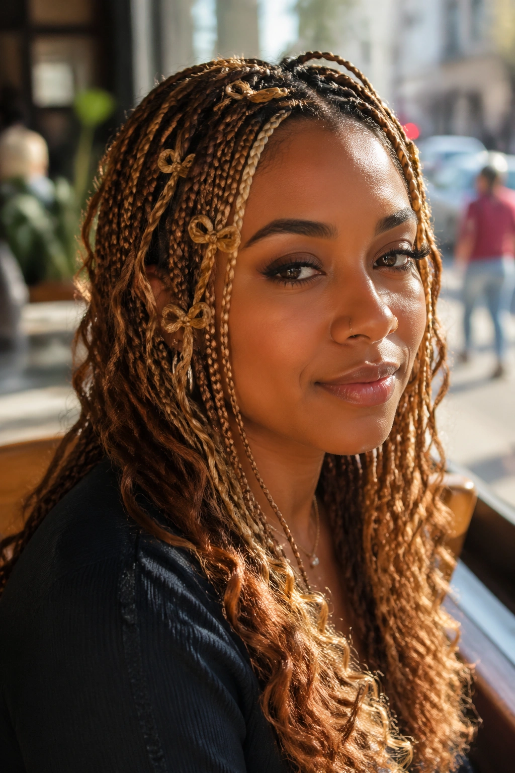 Close-up portrait of a real woman with honey-blonde butterfly braids in warm cafe window light