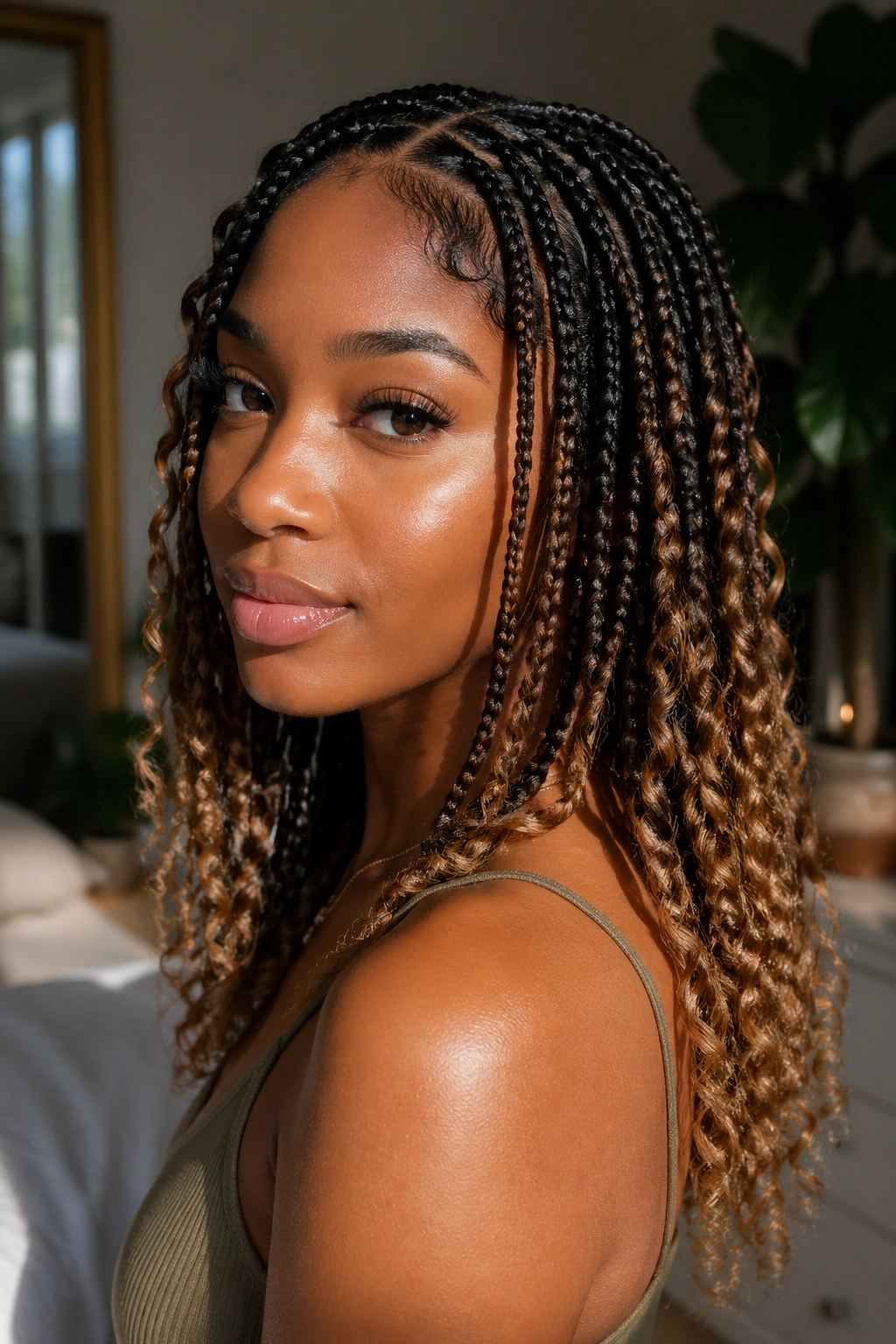 Close-up of honey-blonde ends on goddess box braids