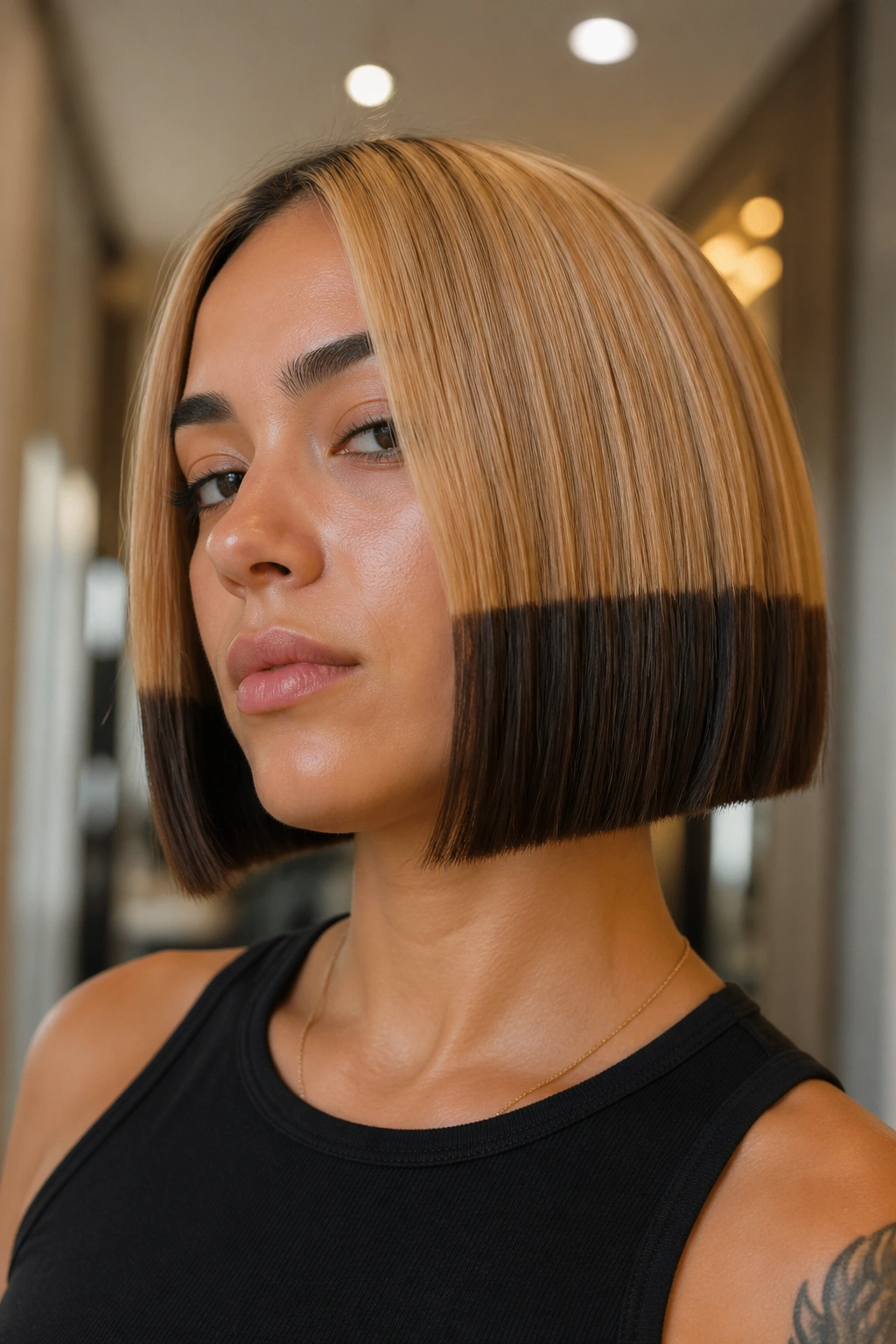 Close-up of blunt bob with honey blonde and espresso blocks