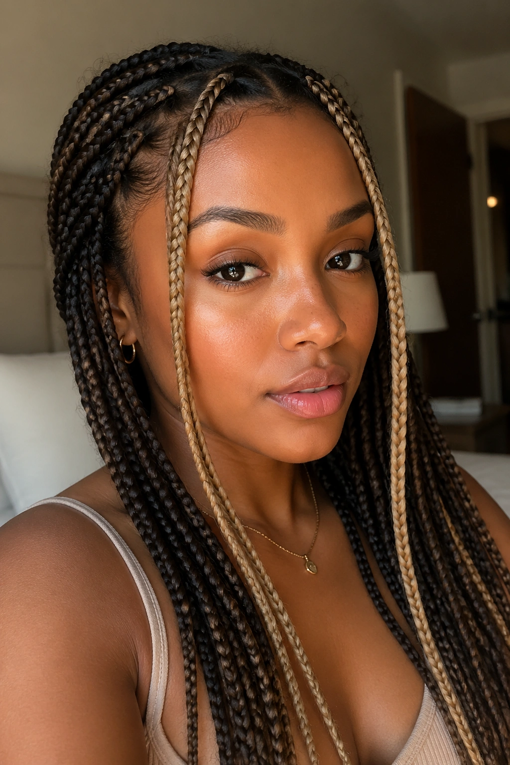 Close-up of a real woman with honey-blonde face-framing pieces in knotless box braids