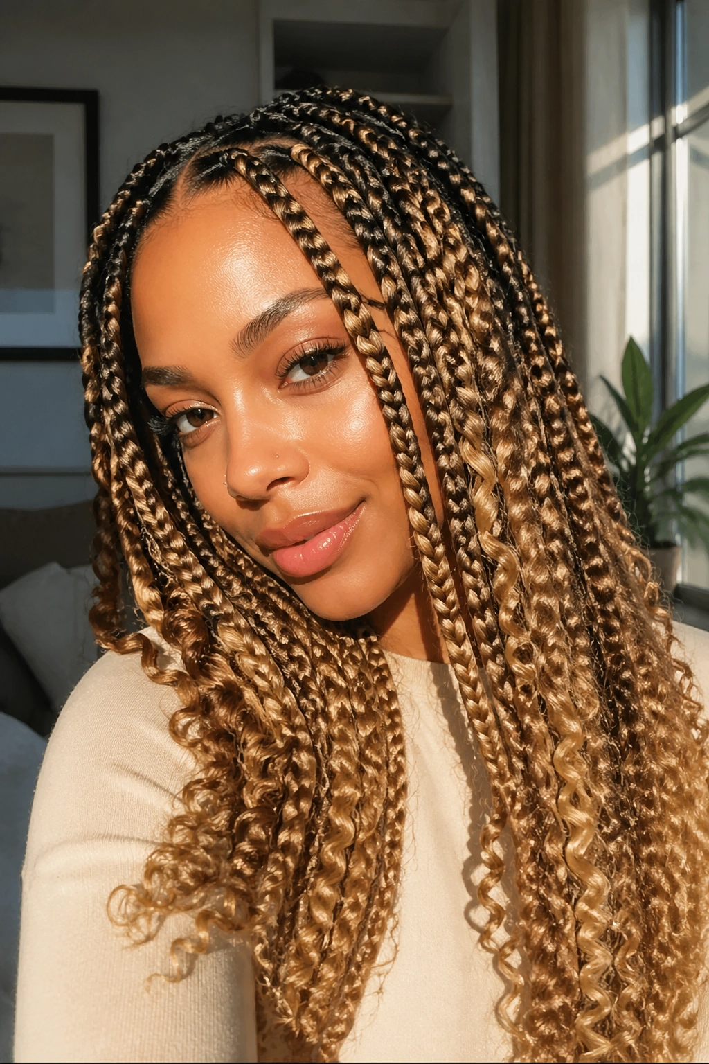 Close-up of a real woman with honey-blonde knotless goddess braids