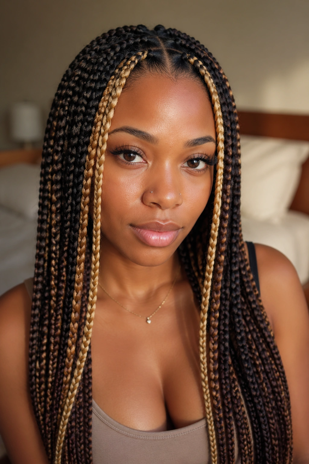 Close-up of honey-blonde face-framing highlights in medium box braids around the face