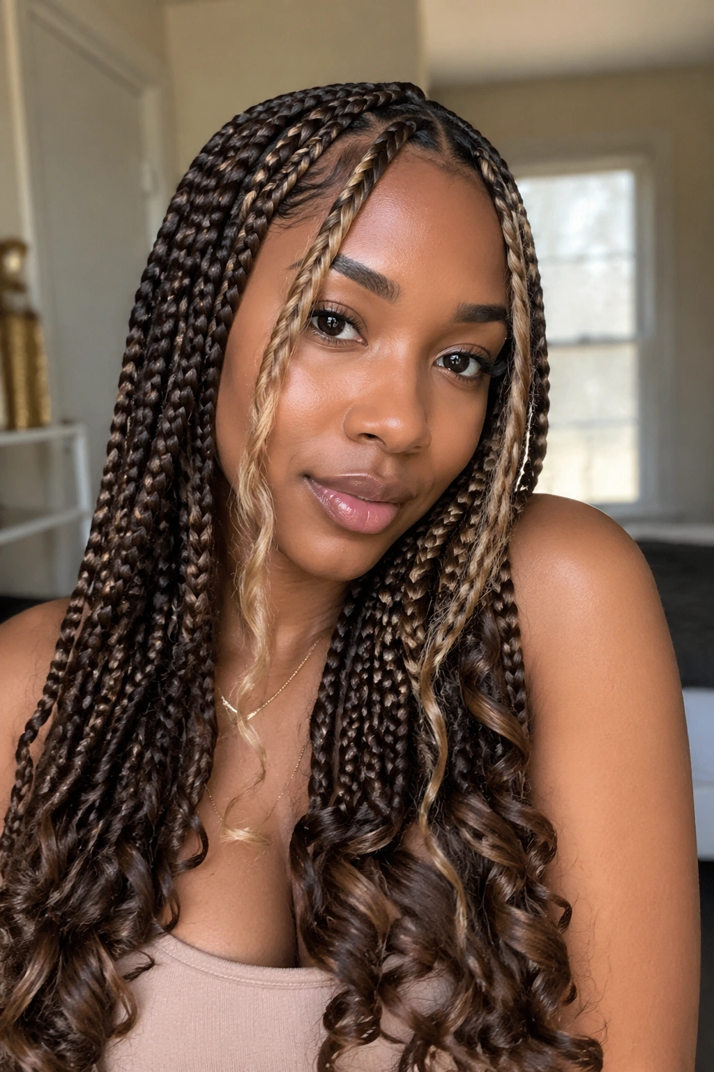 Close-up of honey blonde money pieces framing the face on brown goddess box braids