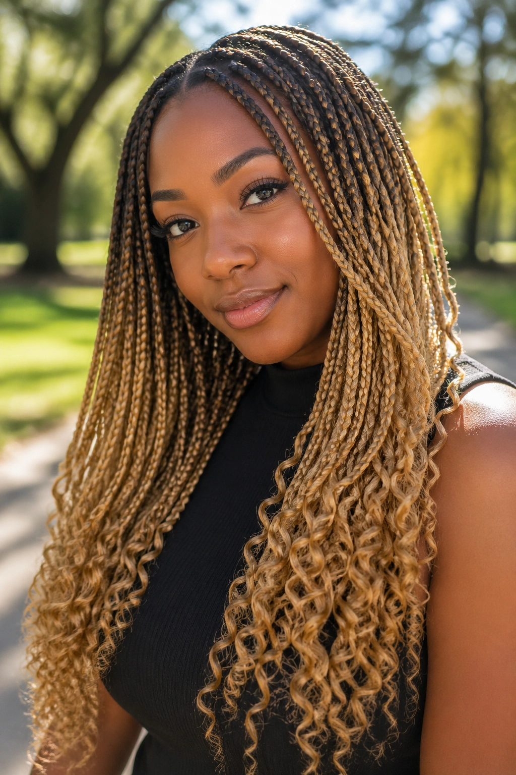 Portrait of real woman with honey blonde ombré box braids and curly ends