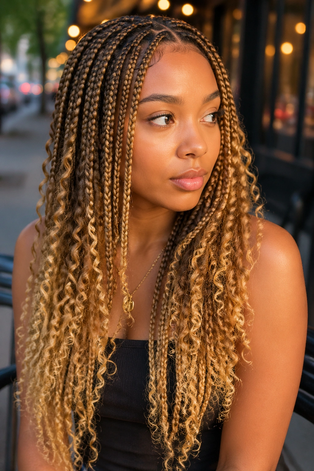 Real woman with honey blonde ombre goddess knotless braids in golden hour light