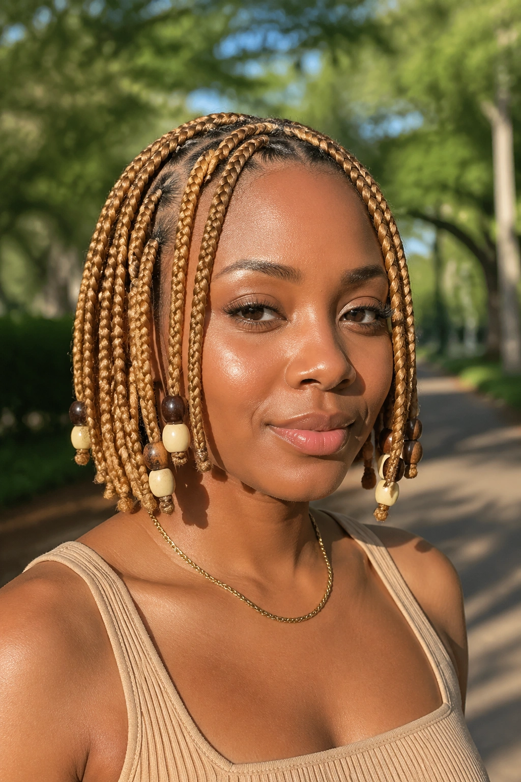 Close-up of warm honey blonde braids with oversized beads on a real person