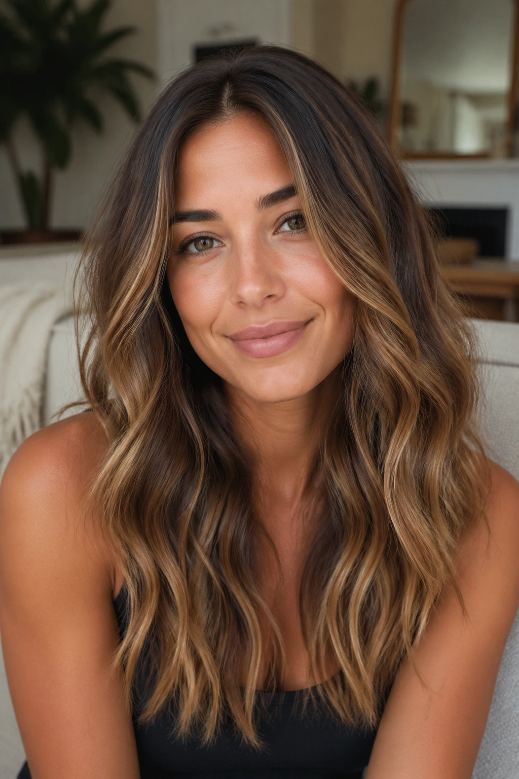 Close-up portrait of a real person with honey bronde hair in a cozy living room setting
